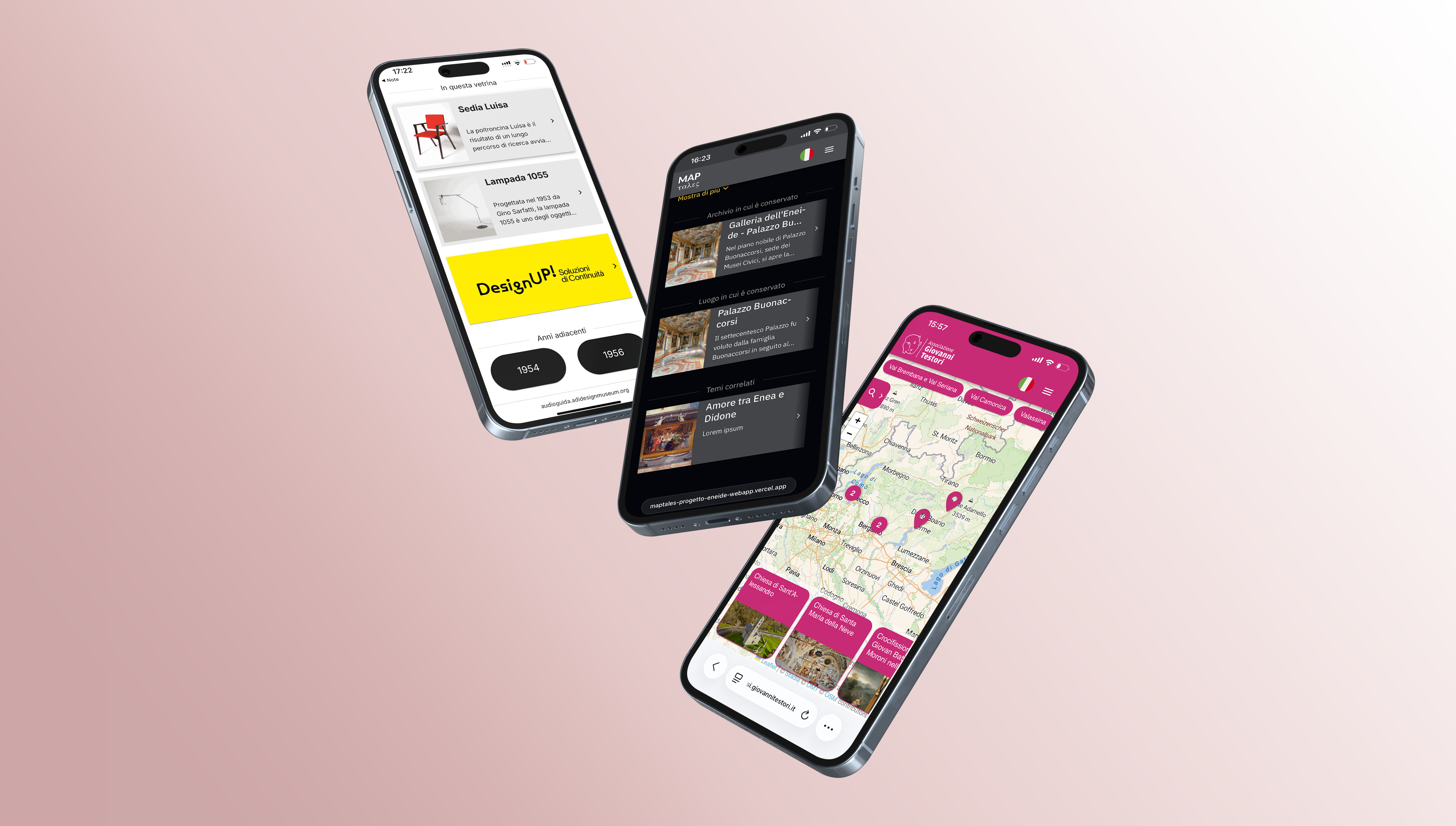 Tre telefoni con le versioni di MapTales: ADI Design Museum, la base di MapTales e Casa Testori