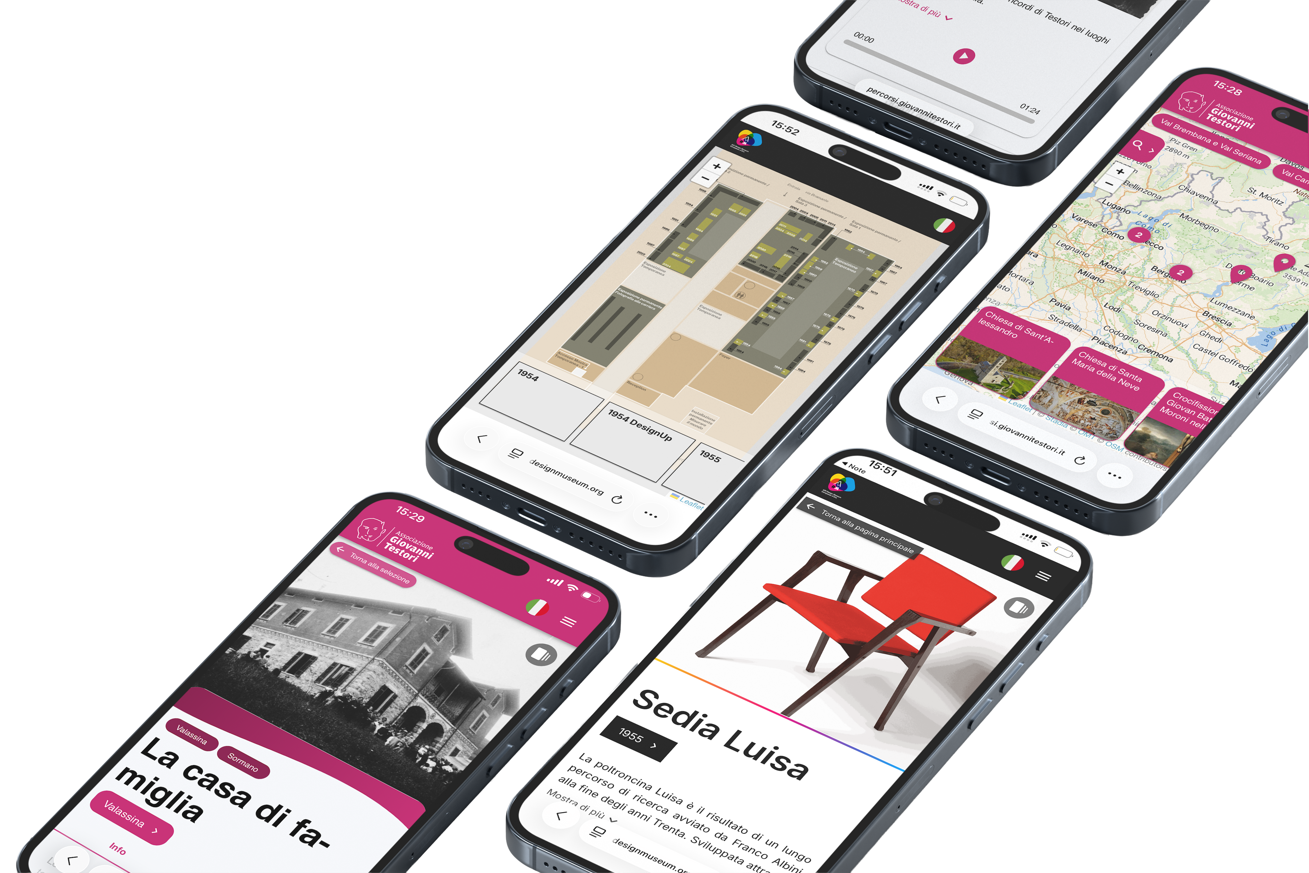 Quattro telefoni con le schermate della webapp MapTales: mappe, schede e percorsi