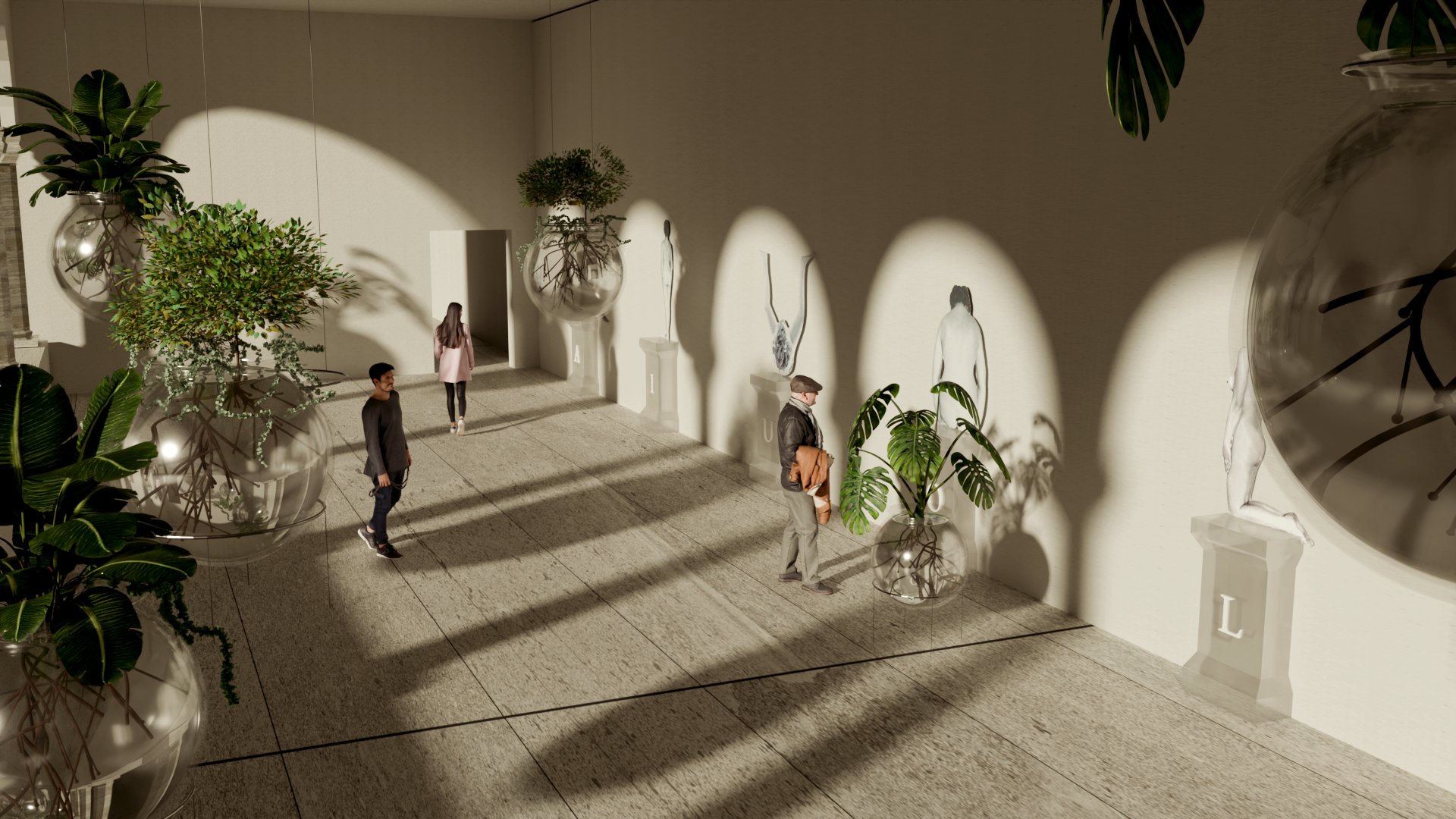 Render di “Aiuole” nel portico: piante in vasi di vetro sospesi e statue