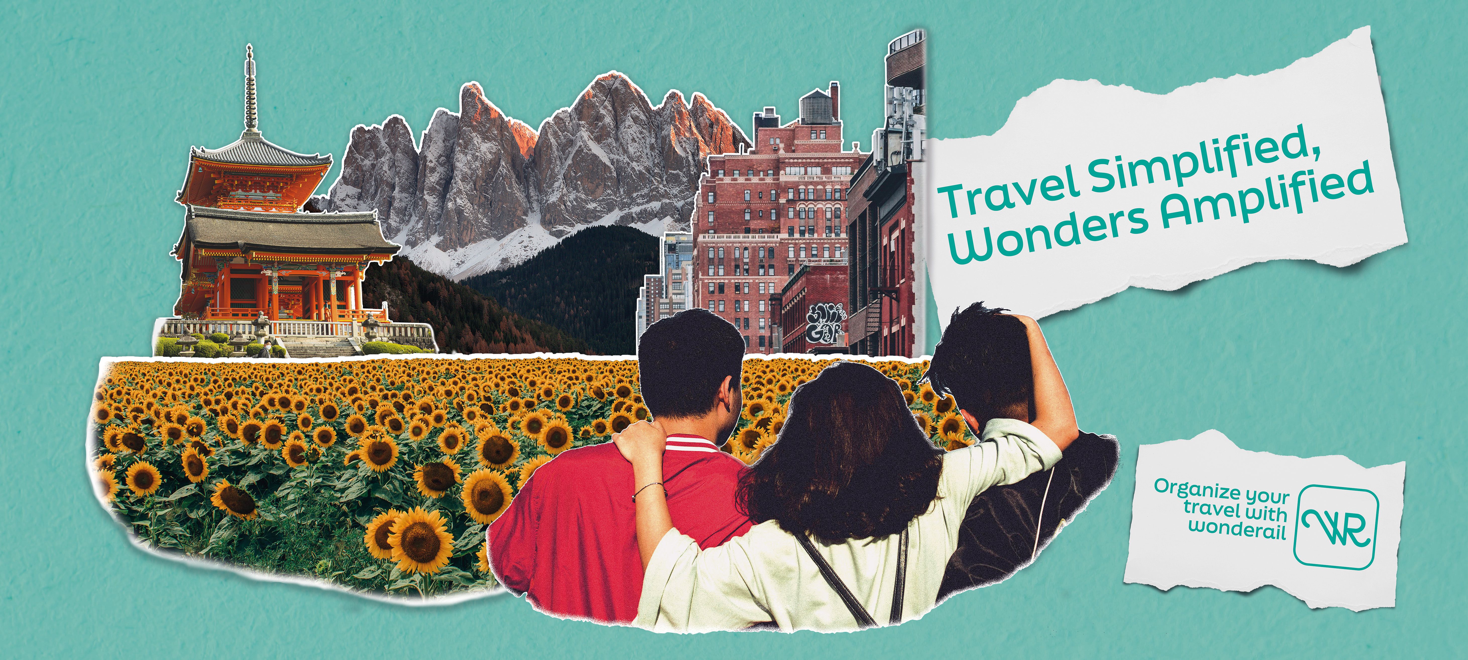 Manifesto 300 × 135: collage con una pagoda, le Dolomiti, girasoli e un gruppo di amici