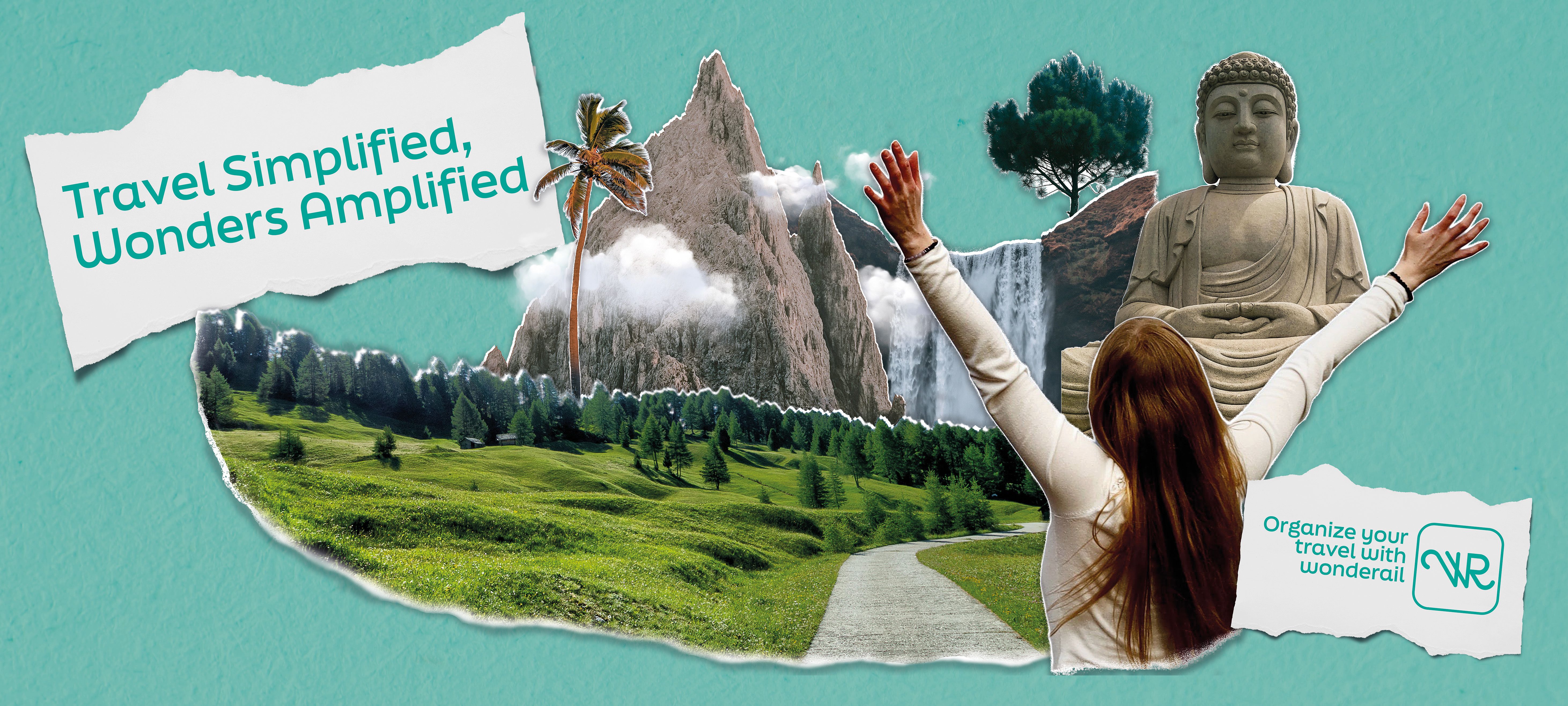 Manifesto 300 × 135: collage con montagne, una cascata, un Buddha e una ragazza a braccia aperte