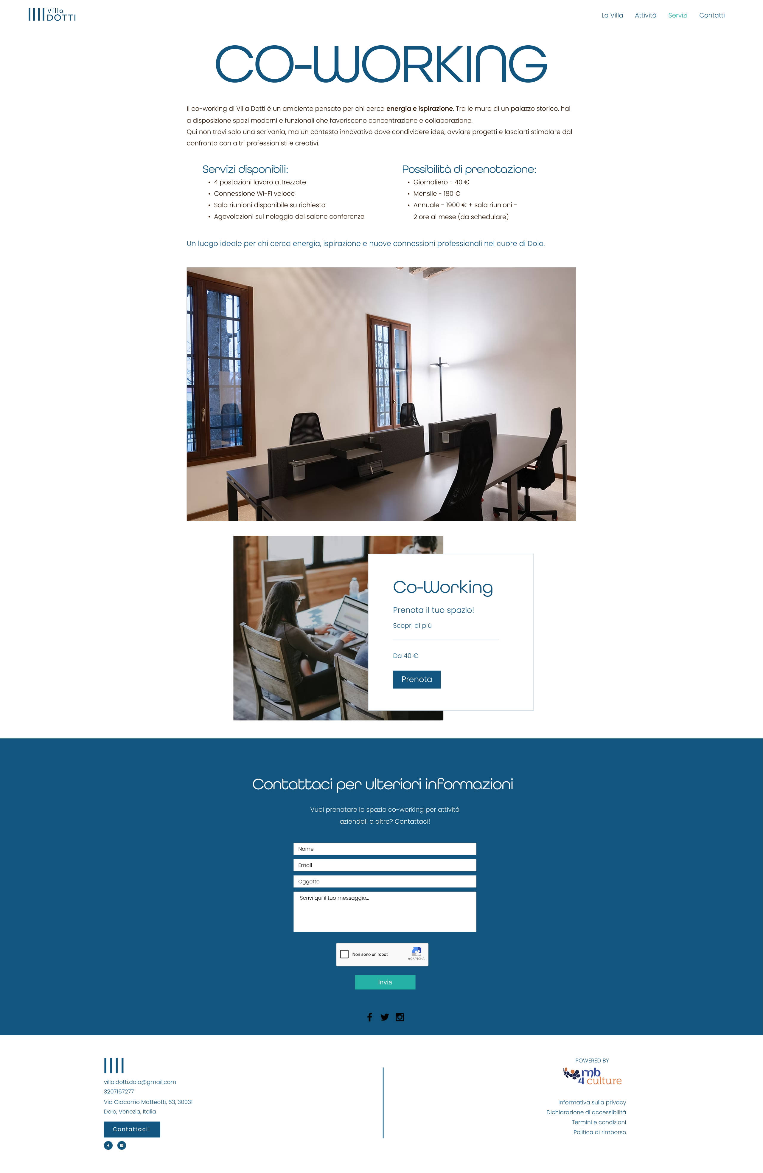 La pagina Coworking del sito di Villa Dotti