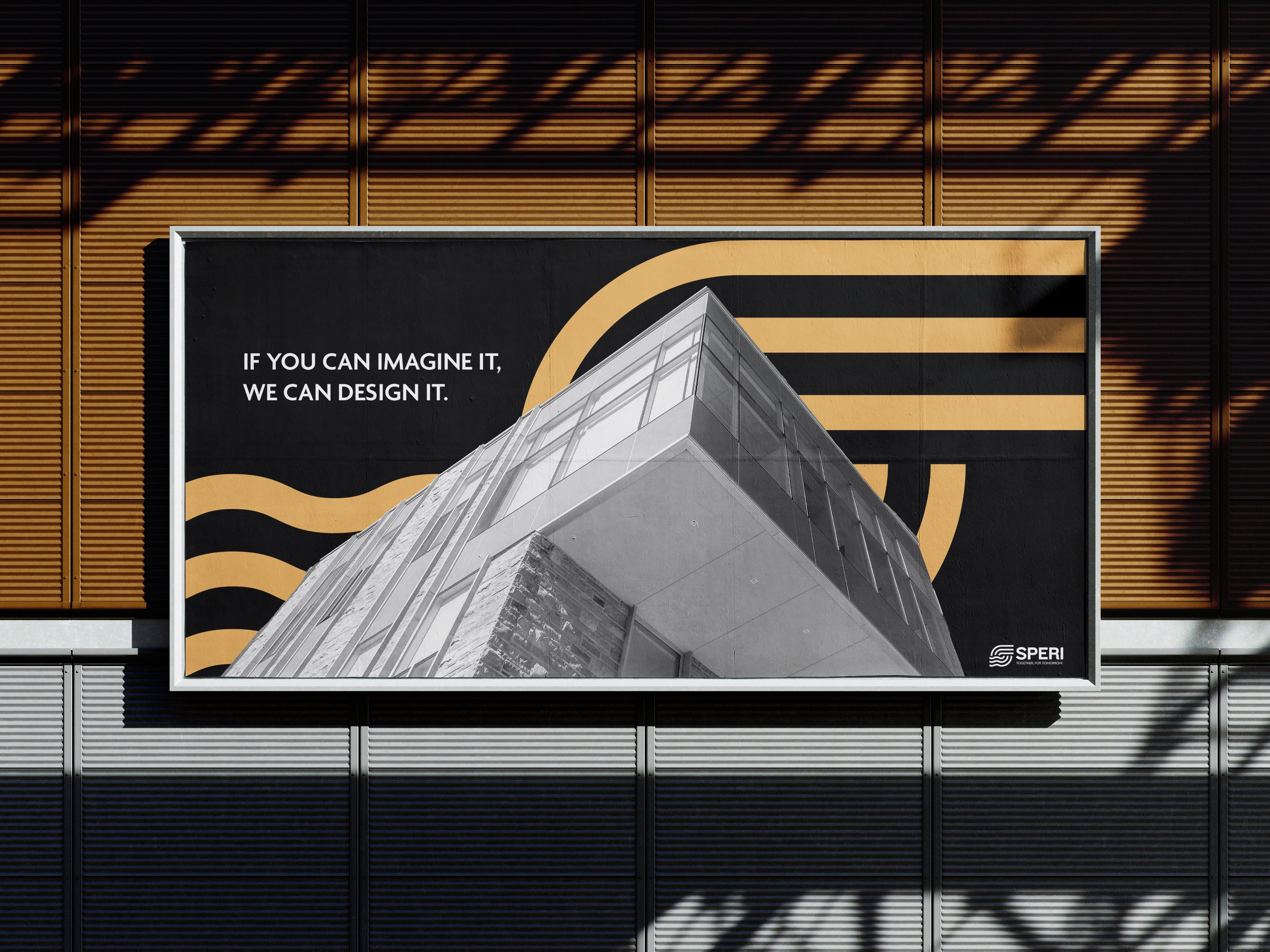 Cartellone su un muro: «If you can imagine it, we can design it», con le onde oro