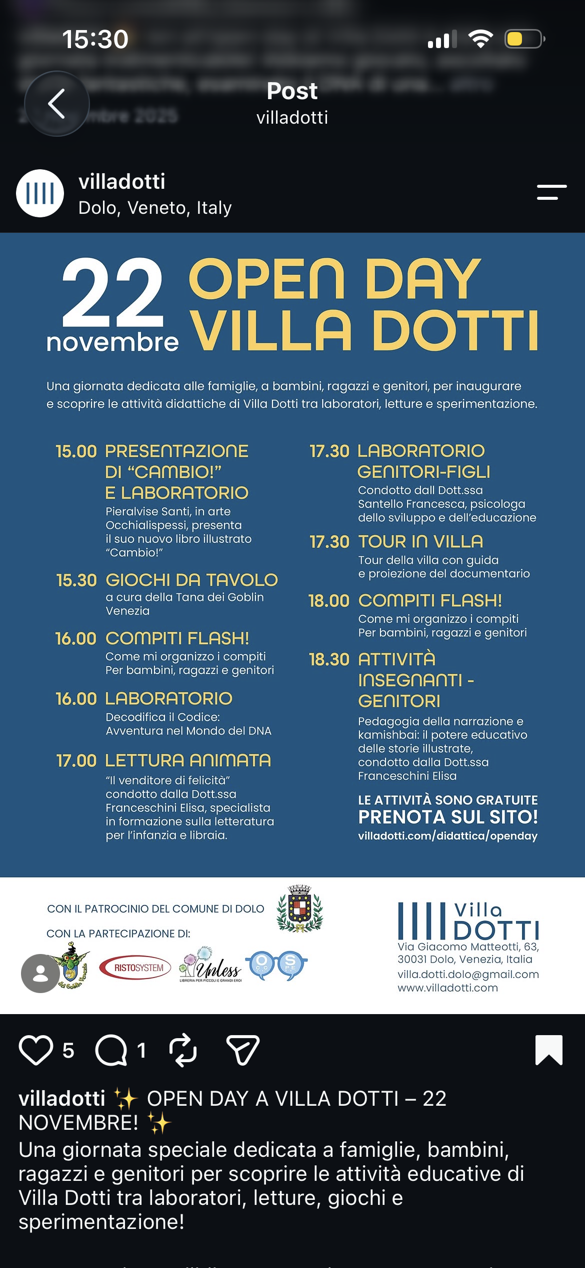 Post Instagram dell’Open Day