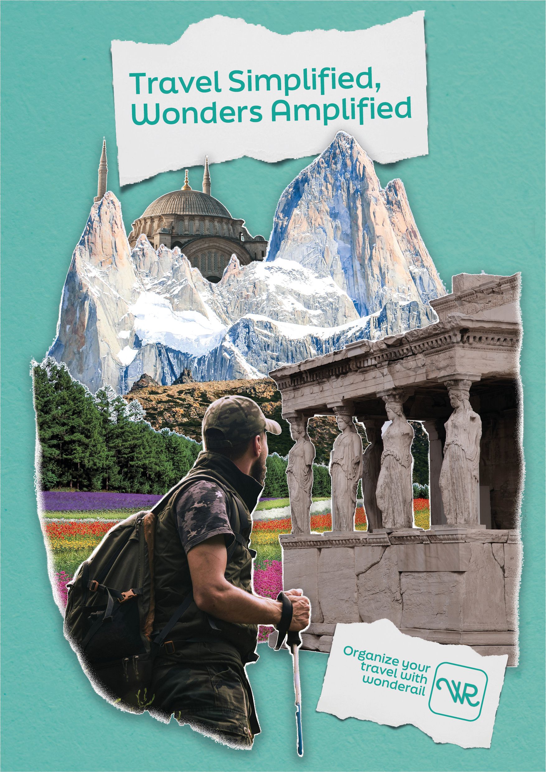 Annuncio A4 con un escursionista e le cariatidi