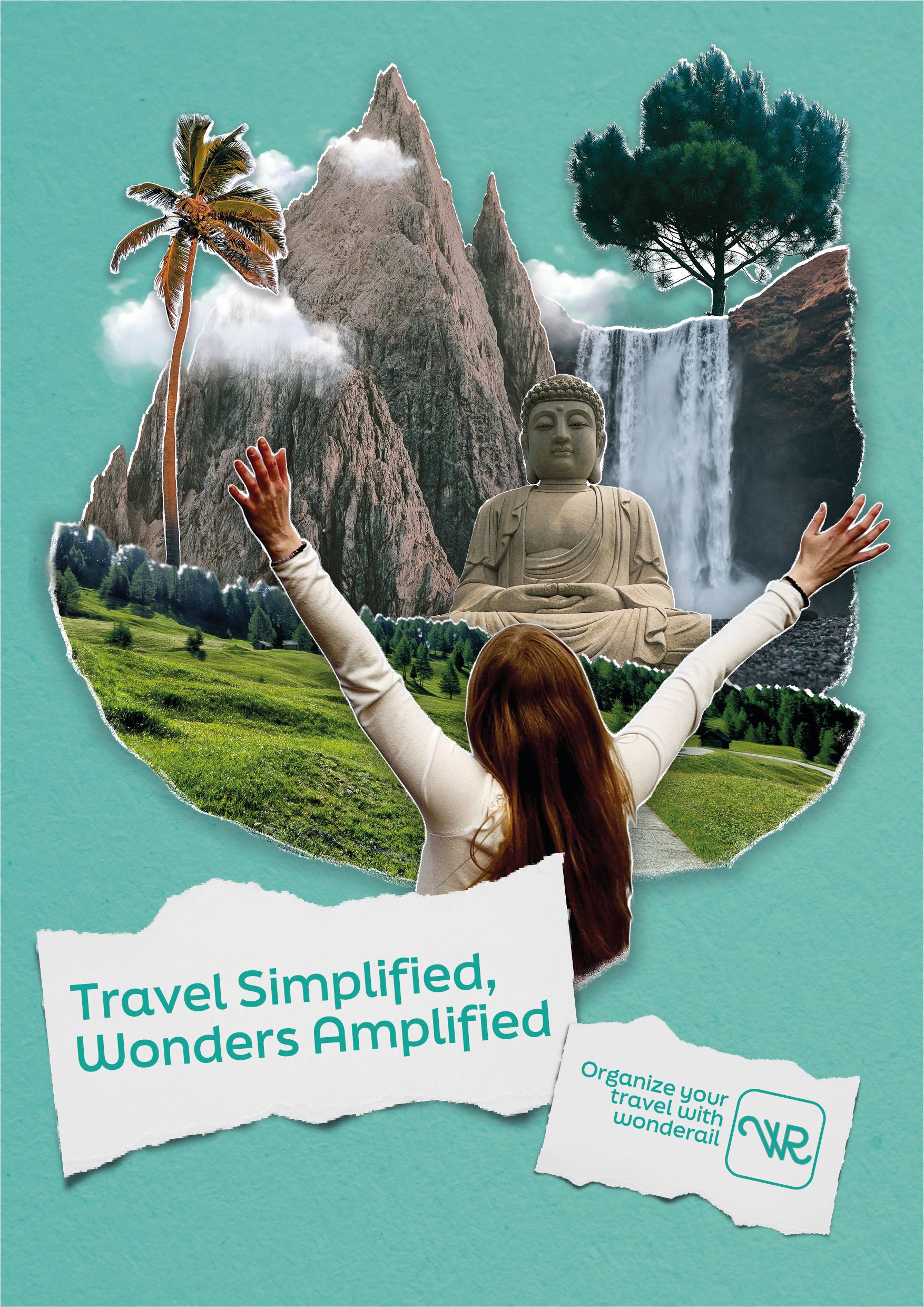 Annuncio A4 con una cascata, un Buddha e una ragazza a braccia aperte