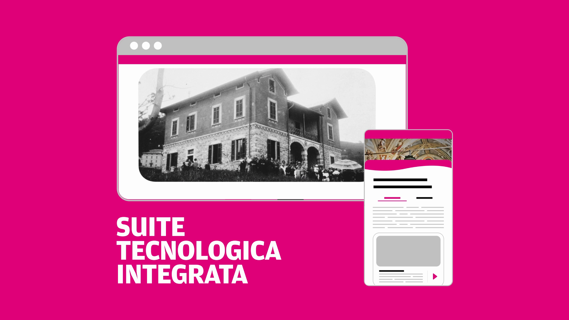 Fotogramma del video di Casa Testori: «Suite tecnologica integrata» su fondo magenta