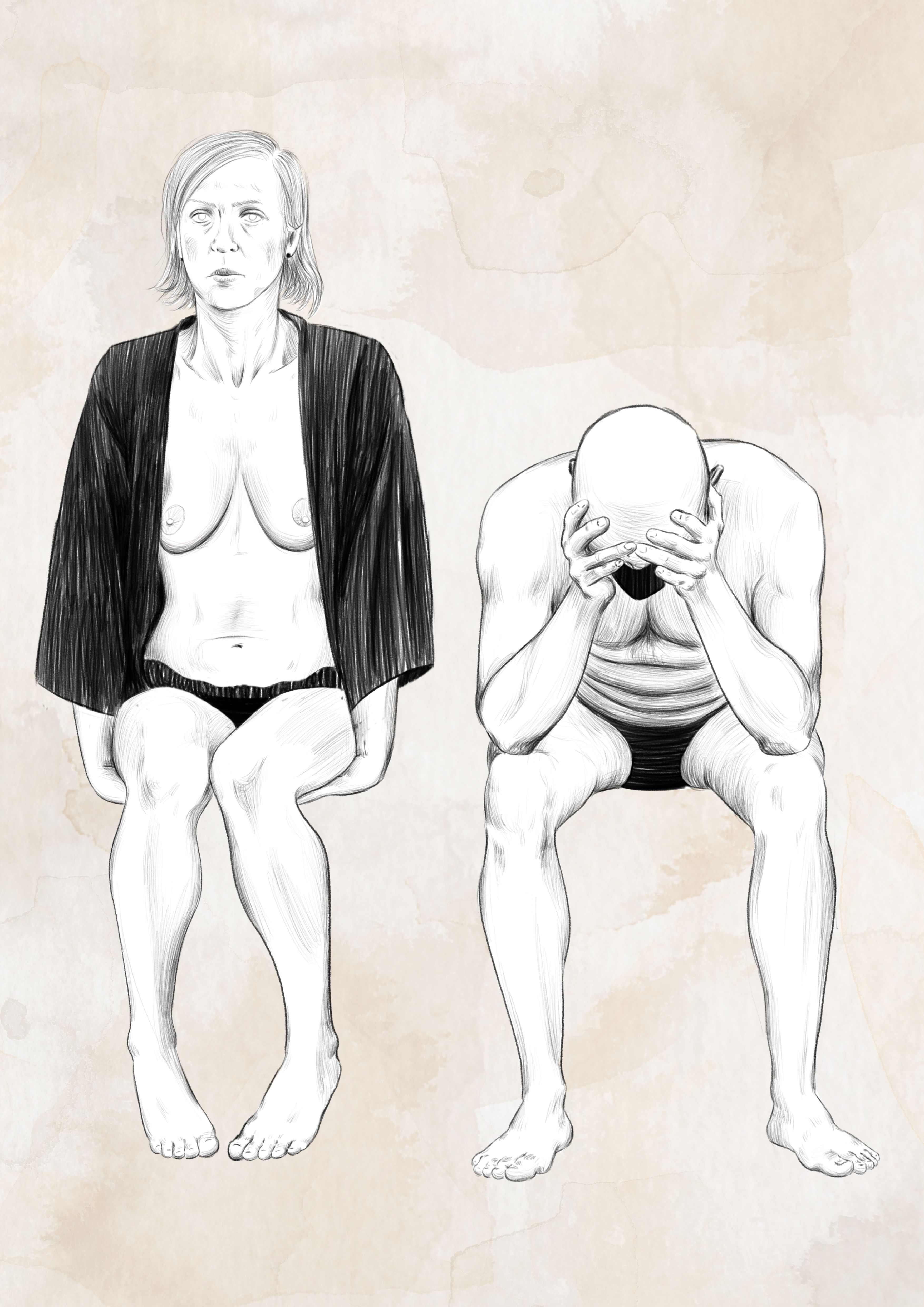 Disegno dal vero di due figure sedute