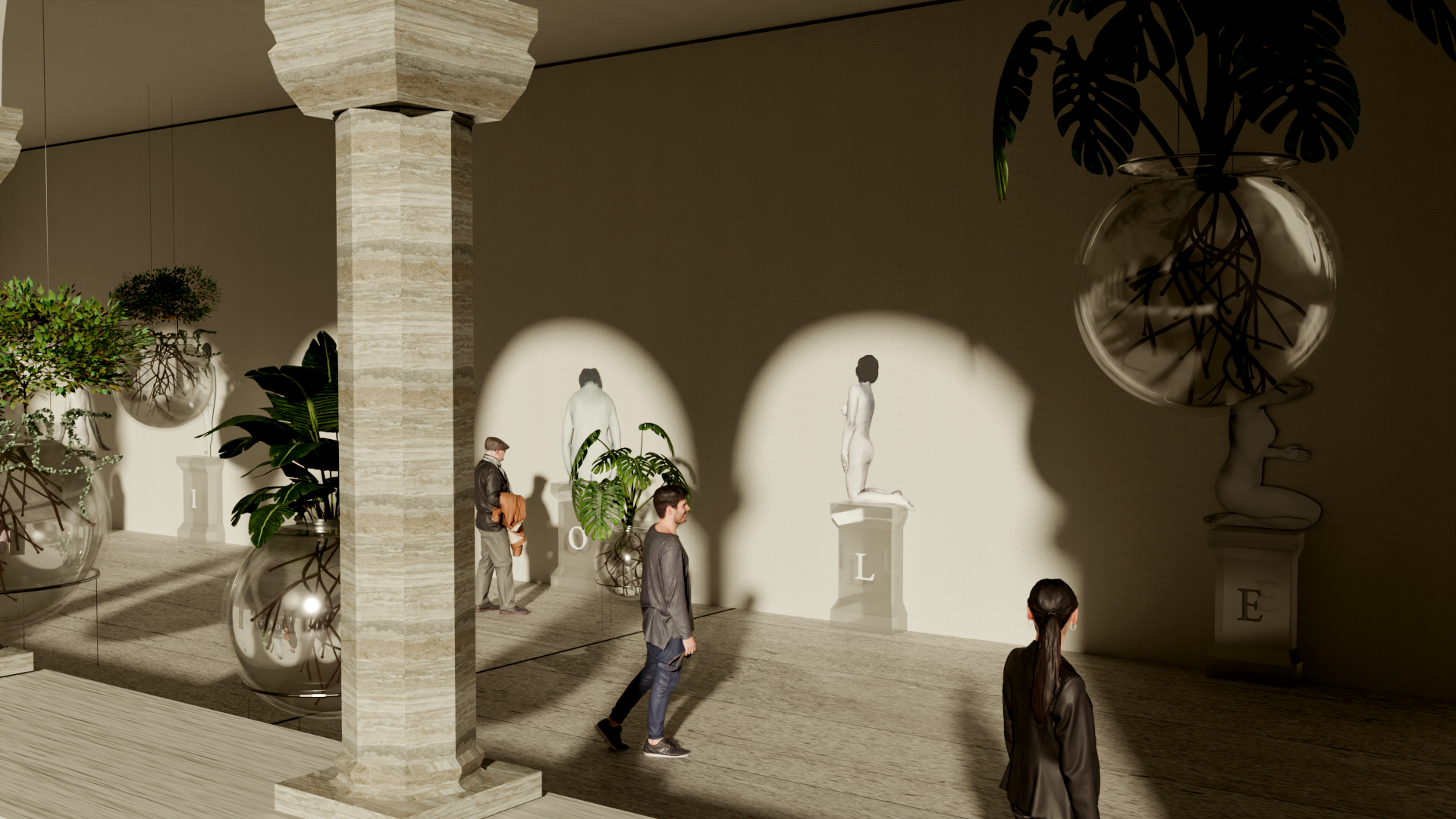 Render di “Aiuole”: il portico visto di fronte con i vasi sospesi