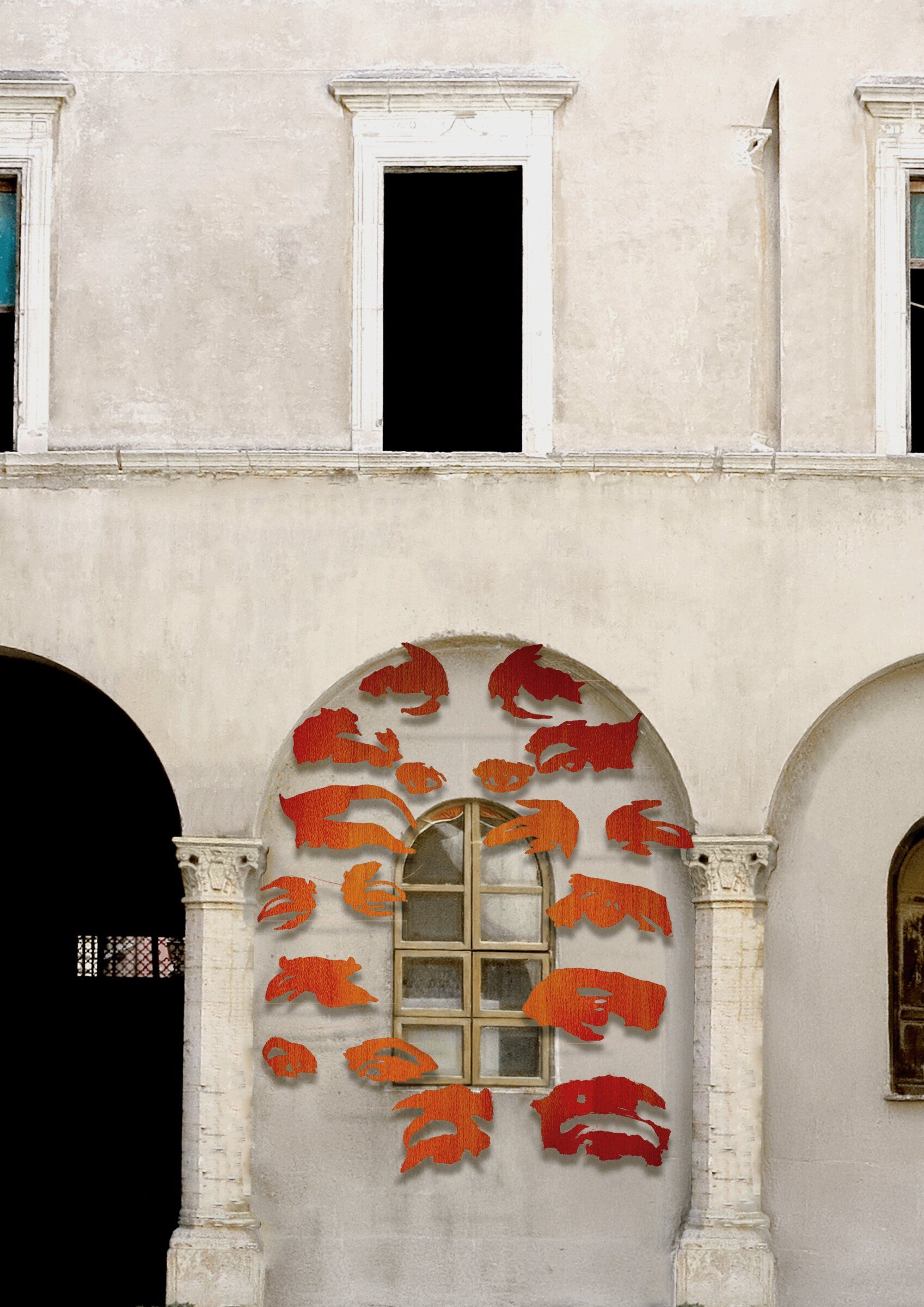 La simulazione: fotoinserimento degli “Occhi” di Davide Dormino in corten sulla parete del cortile