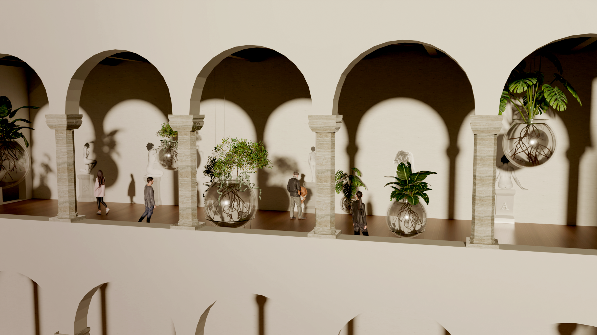 Render di “Aiuole”: visitatori tra i vasi sospesi sotto il portico