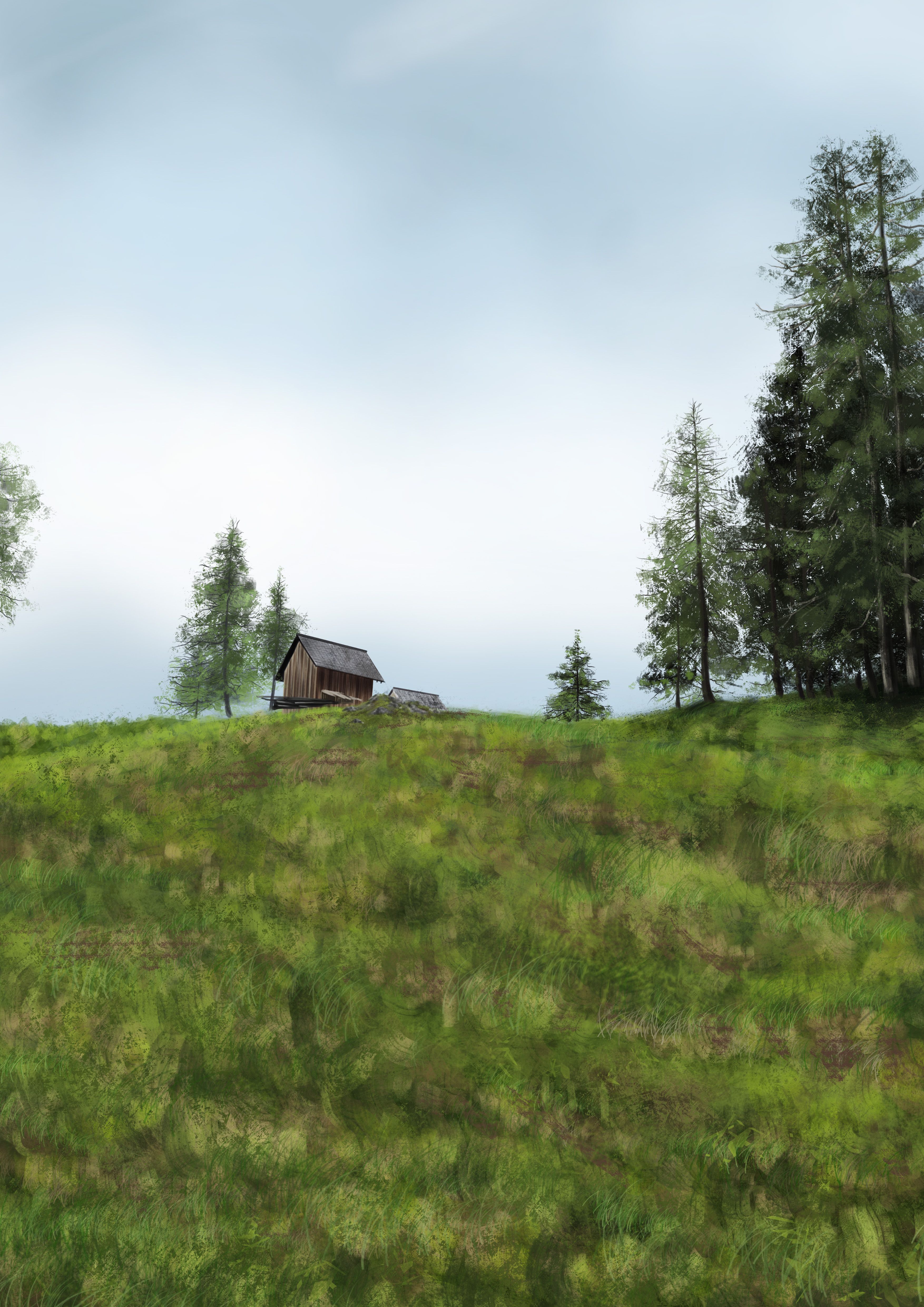 Collina verde con una casa e abeti