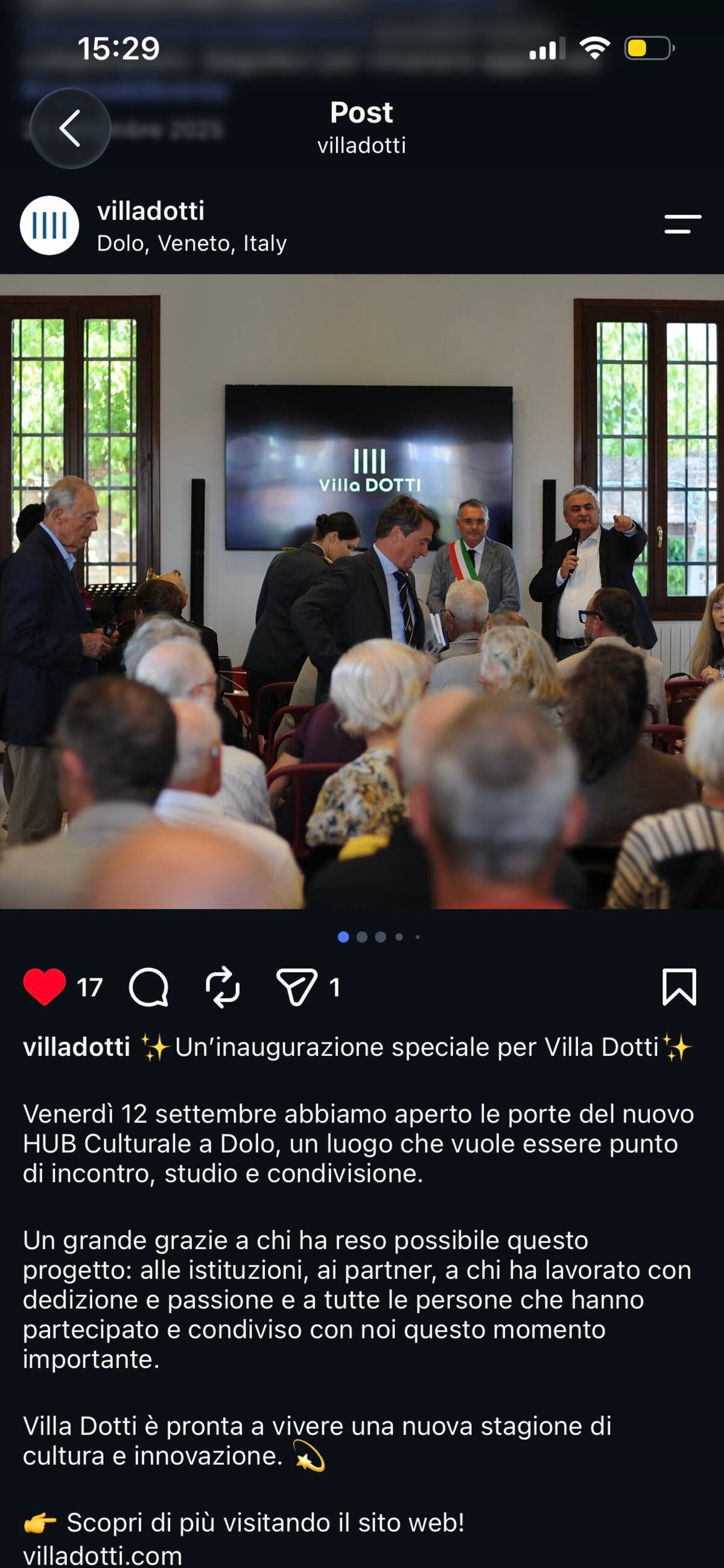 Il post dell’inaugurazione su Instagram