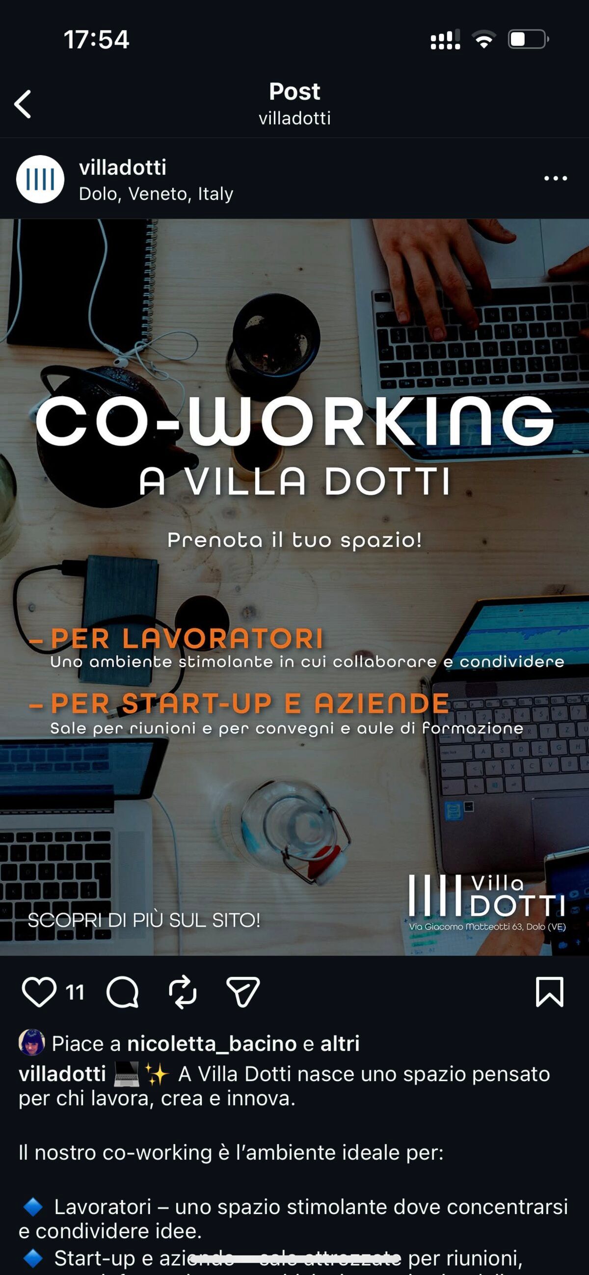 Il post del coworking su Instagram