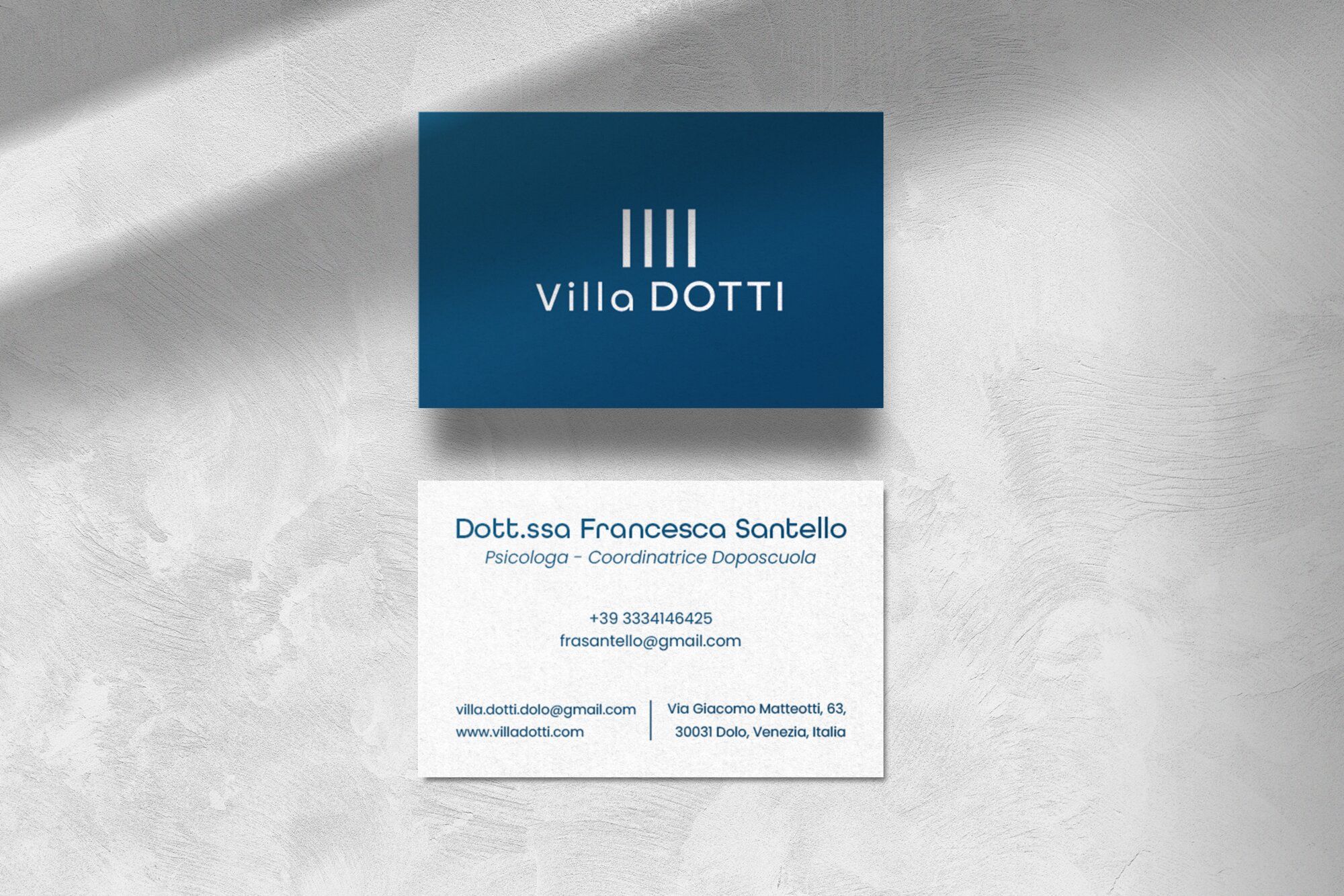 Biglietto da visita di Villa Dotti, fronte e retro