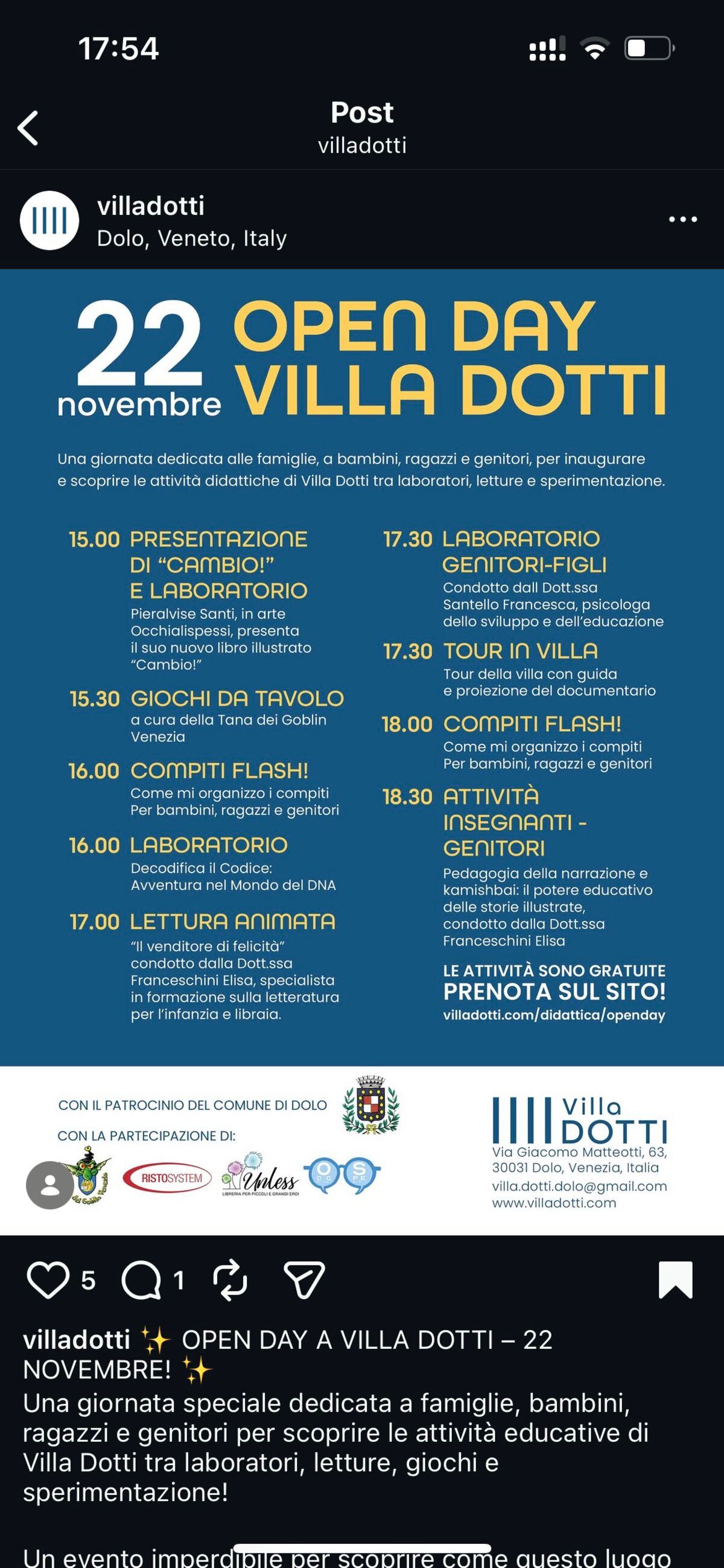 Il post dell’Open Day su Instagram