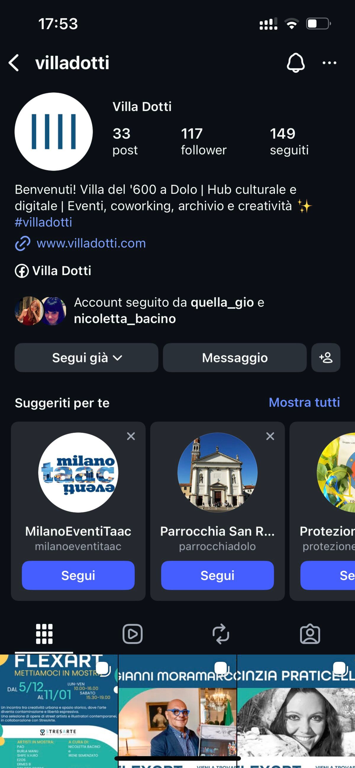 Il profilo Instagram di Villa Dotti