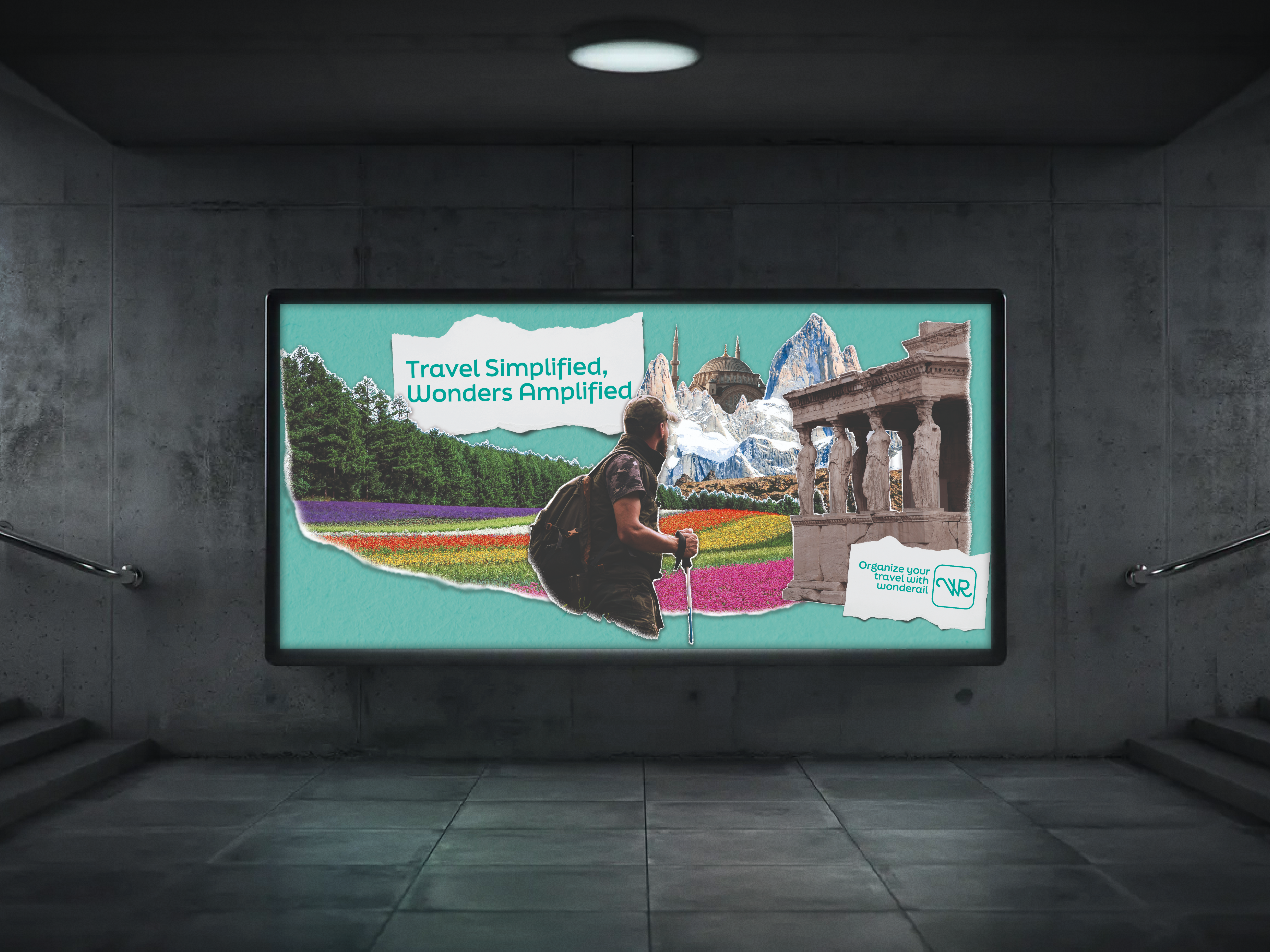 Manifesto in metropolitana con il collage di un escursionista tra campi fioriti e templi
