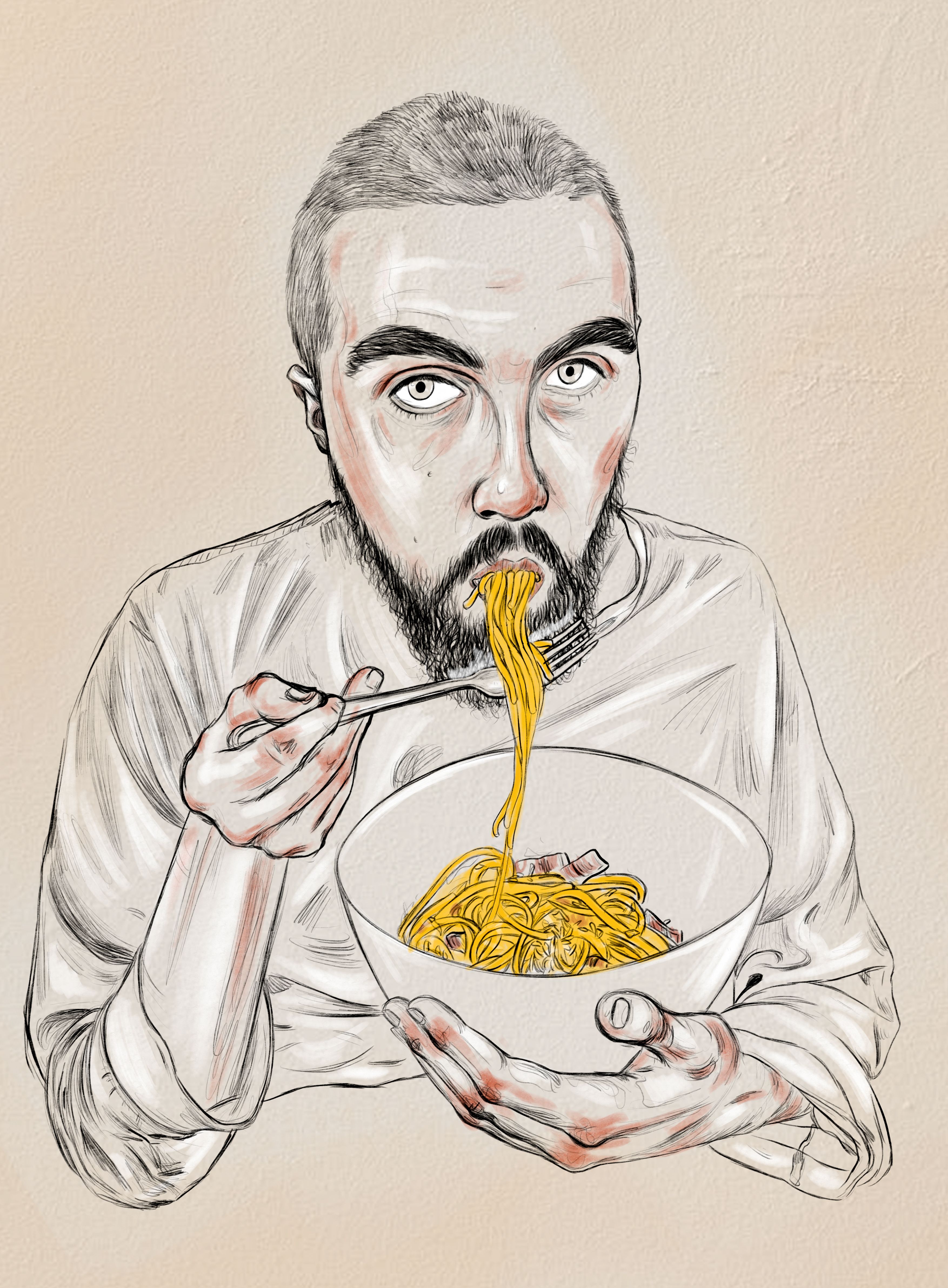 Disegno dal vero: un uomo con occhiali mangia un piatto di pasta