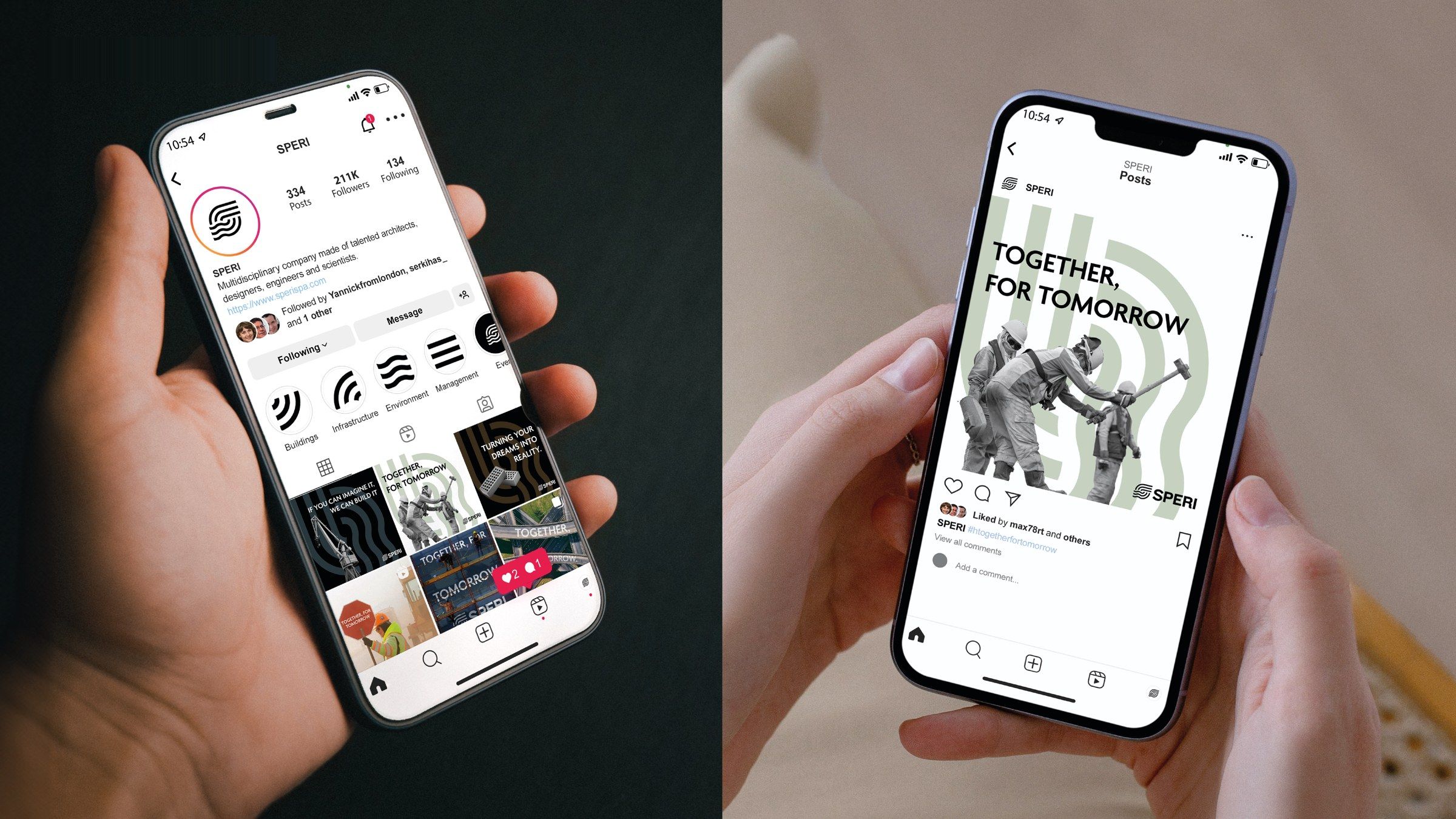 Due telefoni con il profilo Instagram di Speri e un post «Together, for tomorrow»