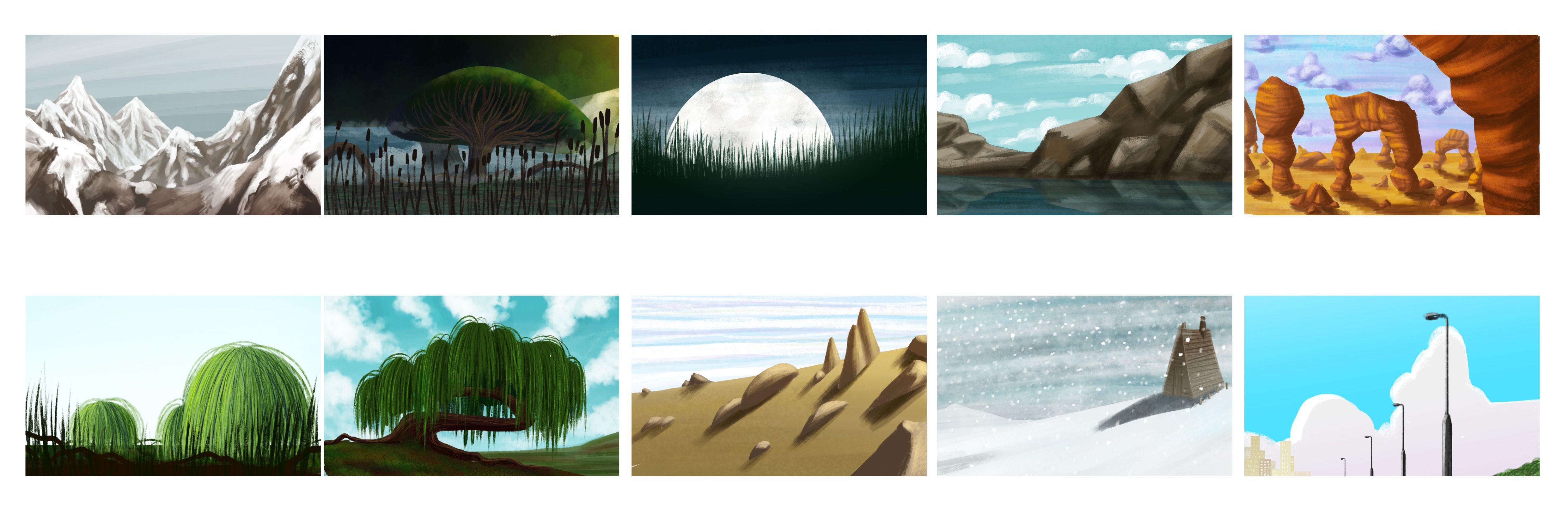 Thumbnail di ambienti: montagne innevate, alberi e deserti