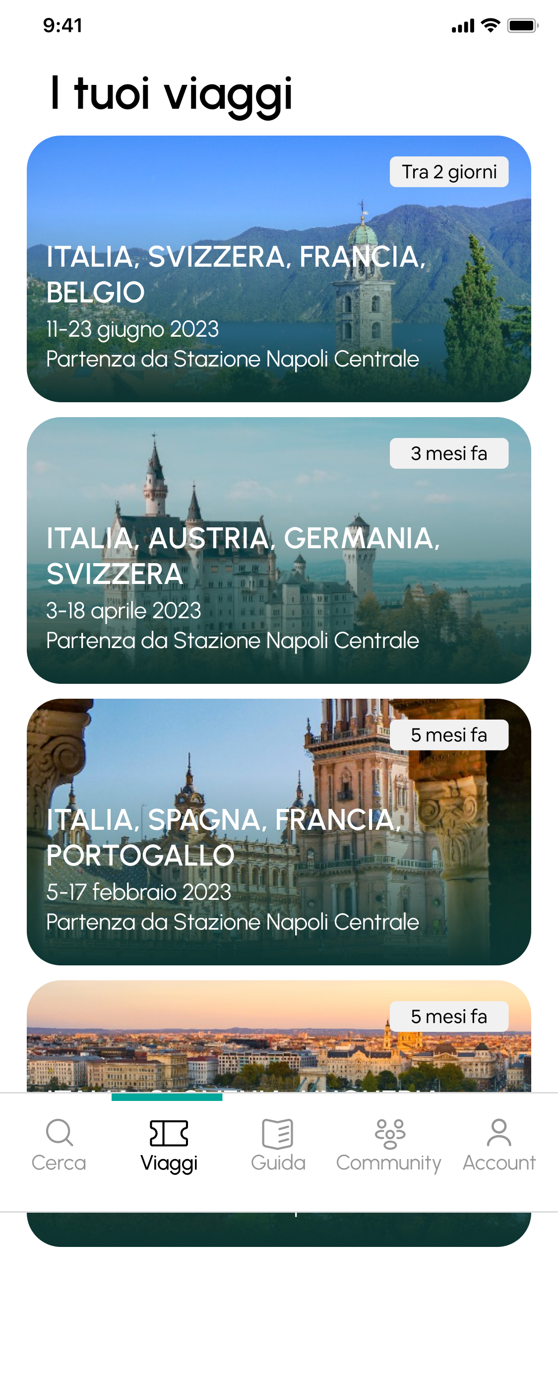 La schermata «I tuoi viaggi» con i viaggi in programma e quelli passati